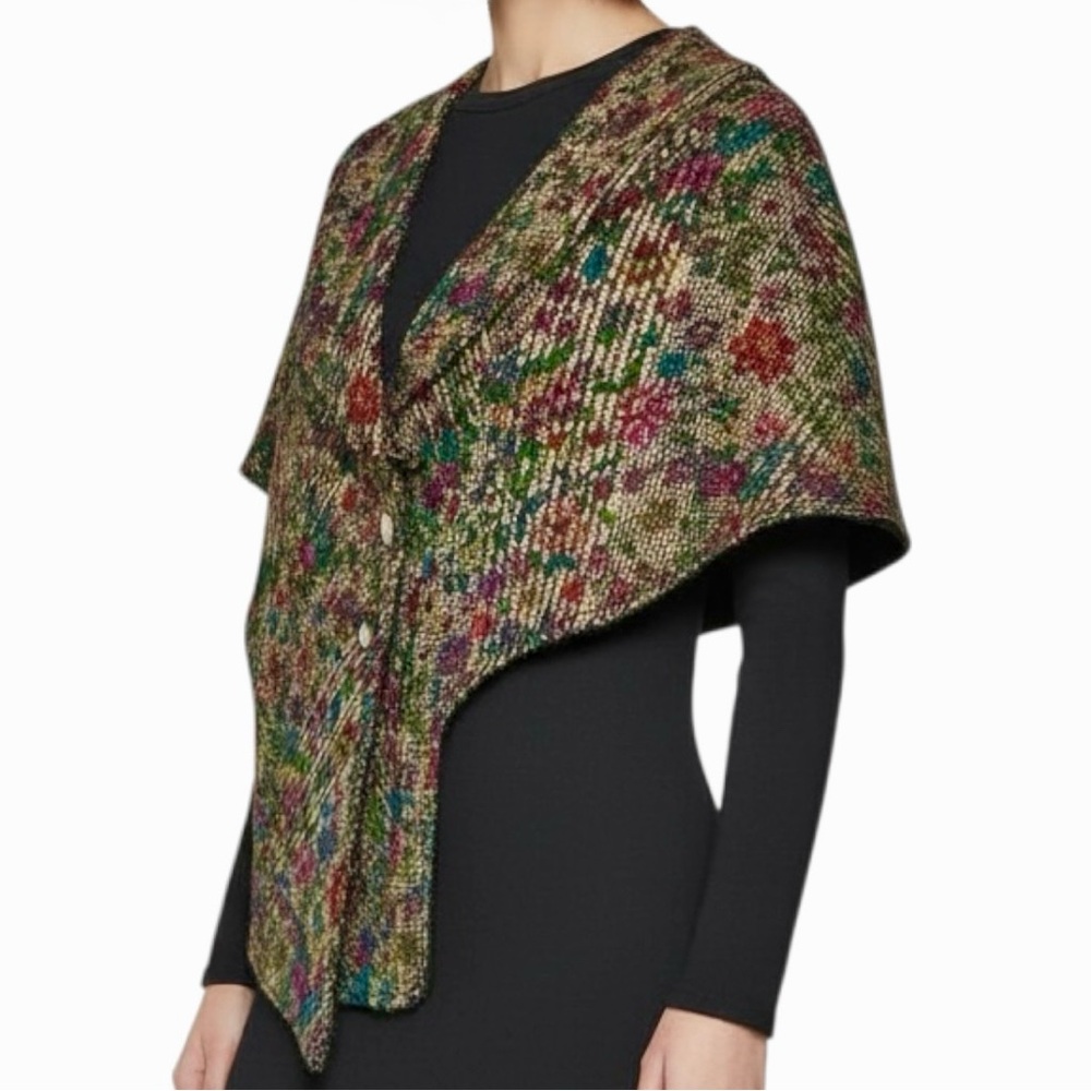 Y2K Multi Color Tweed Collar Cape Jacket Asymmetrical Button Front Lined Large - Picture 2 of 15